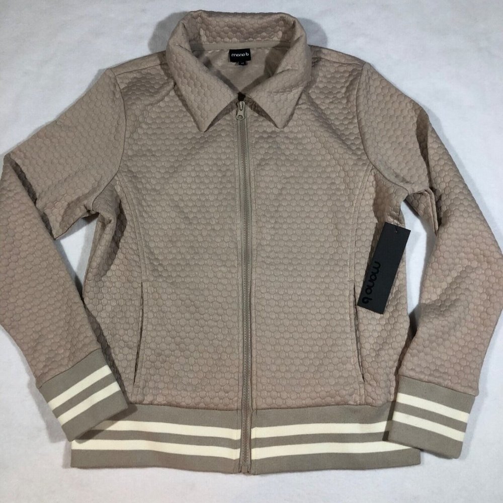 NEW Mono b Womens Medium Quilted Varsity Track Jacket Beige #AJ2633 NWT